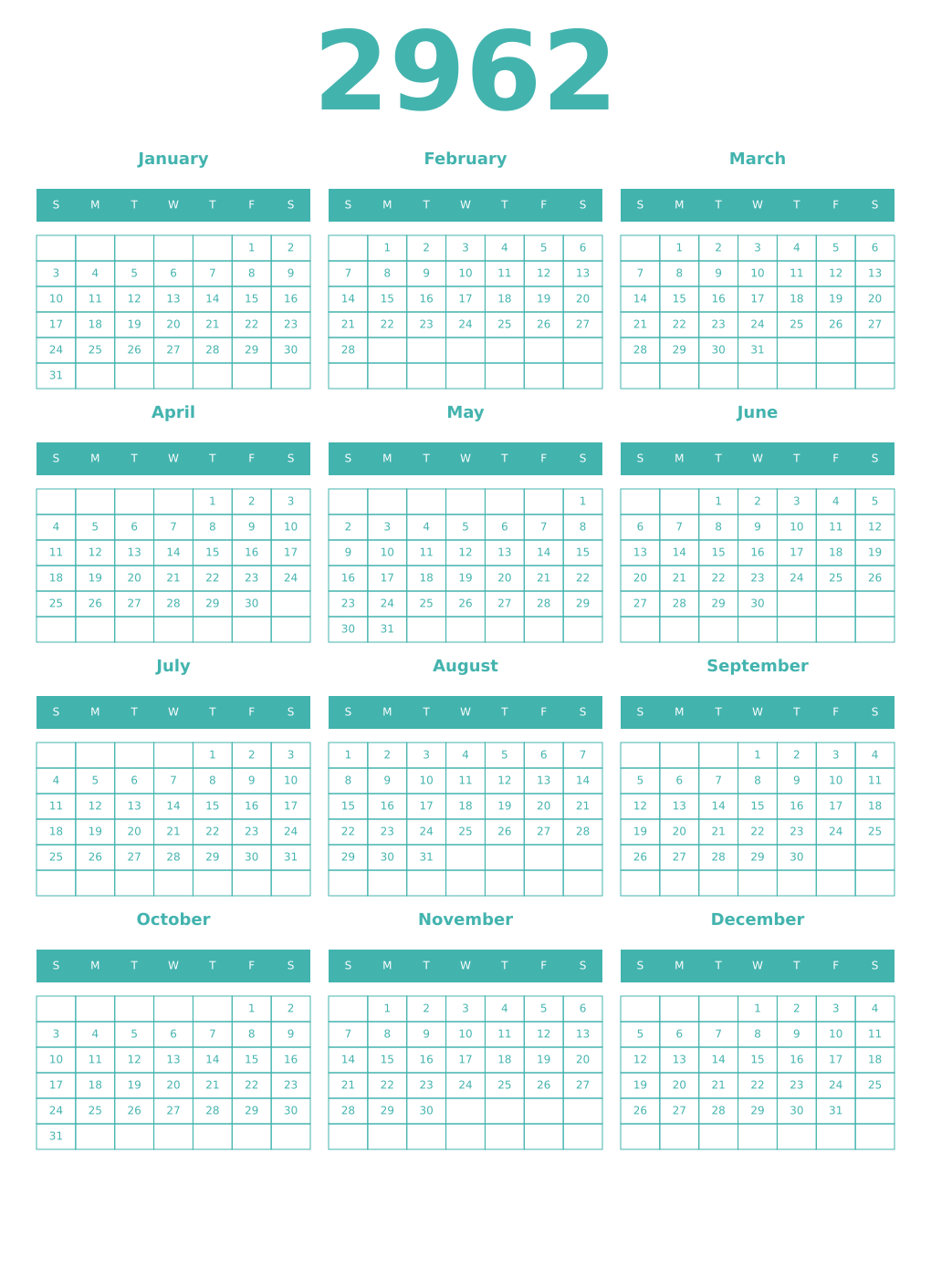 Printable 2962 Year Calendars verdigris