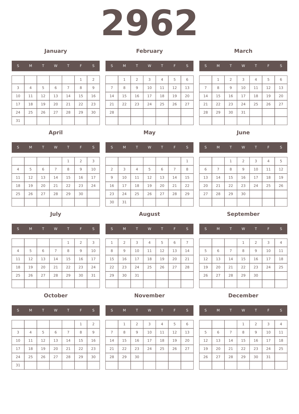 Printable 2962 Year Calendars wenge
