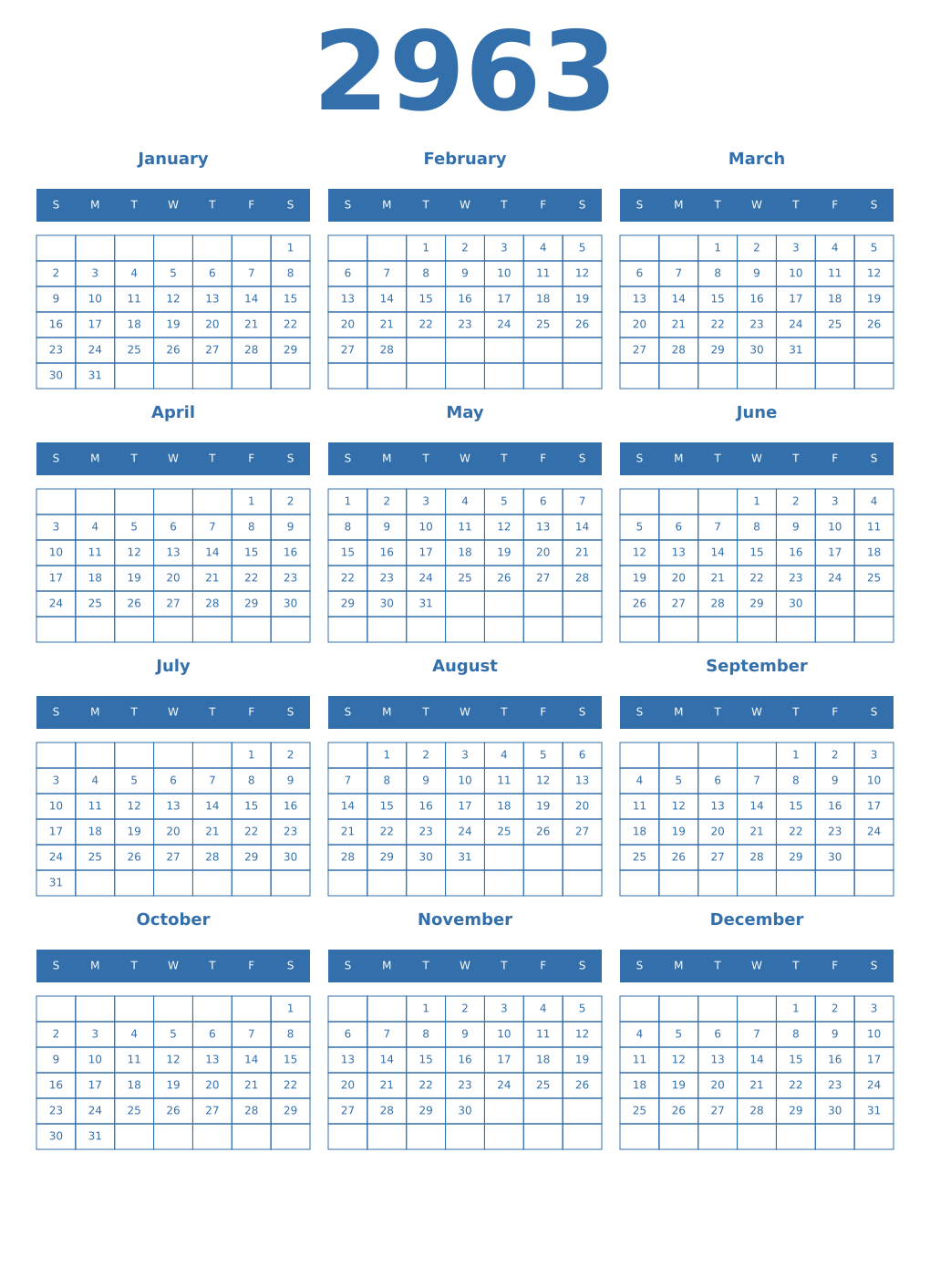 Printable 2963 Year Calendars blue