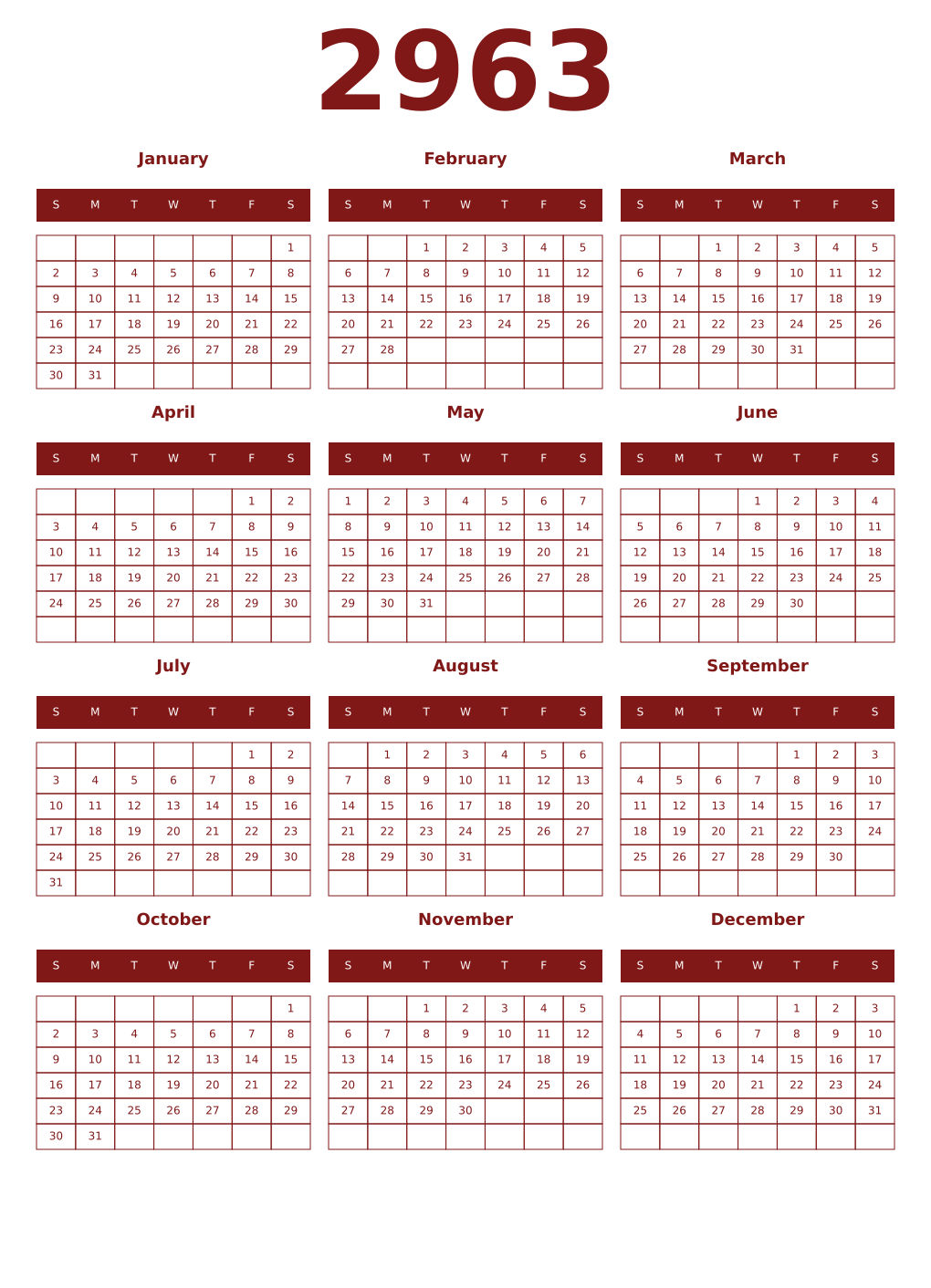 Printable 2963 Year Calendars falu