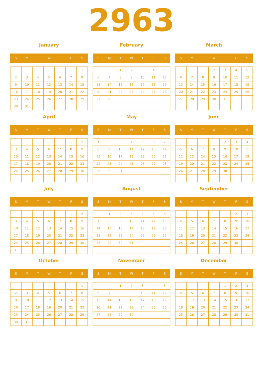 Printable 2963 Year Calendars gamboge