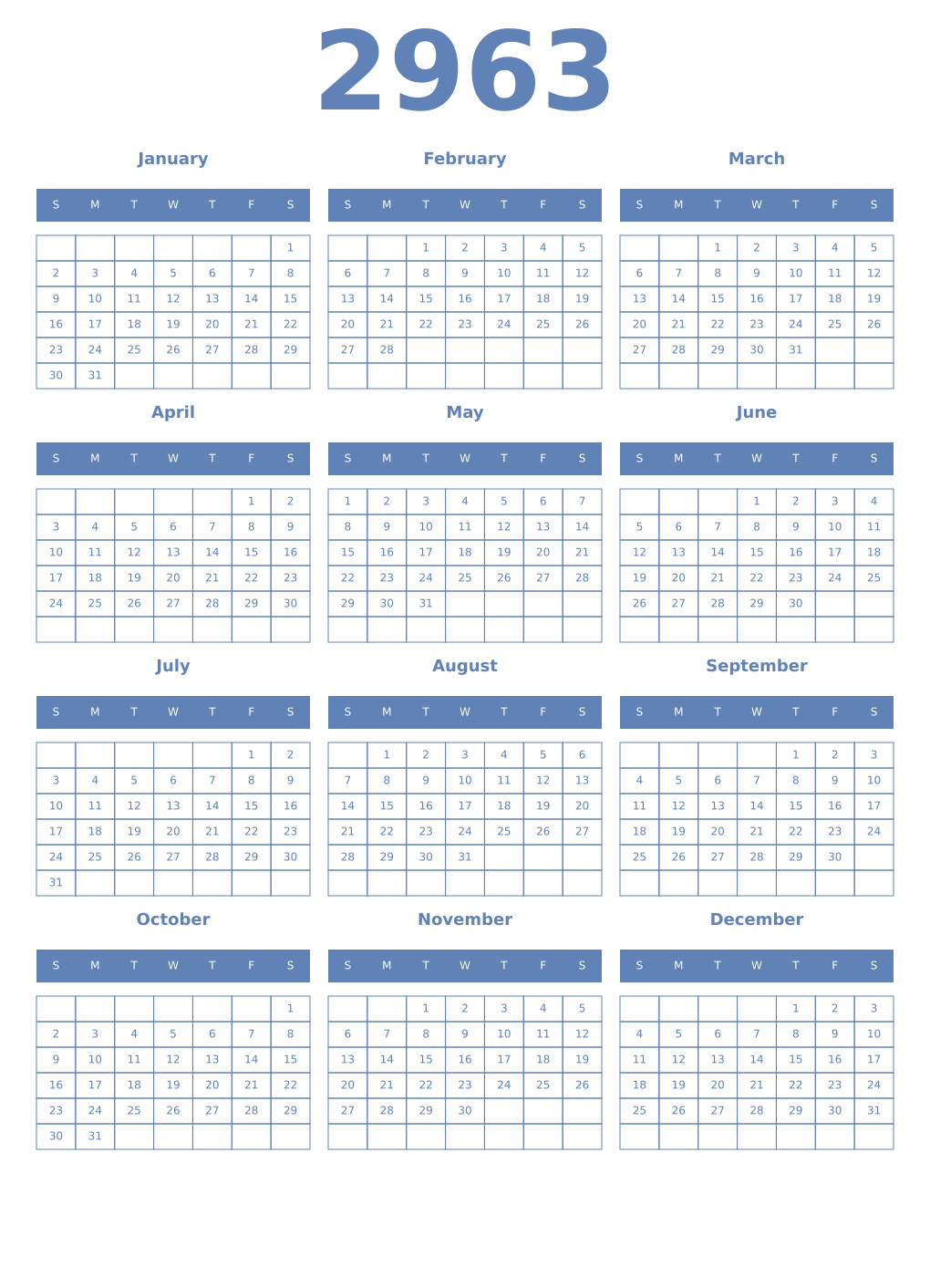 Printable 2963 Year Calendars glaucous