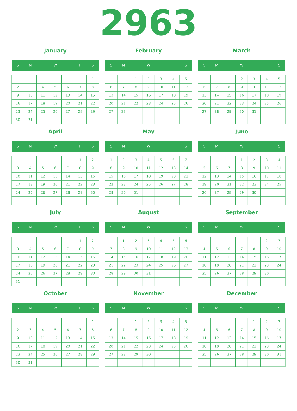 Printable 2963 Year Calendars green