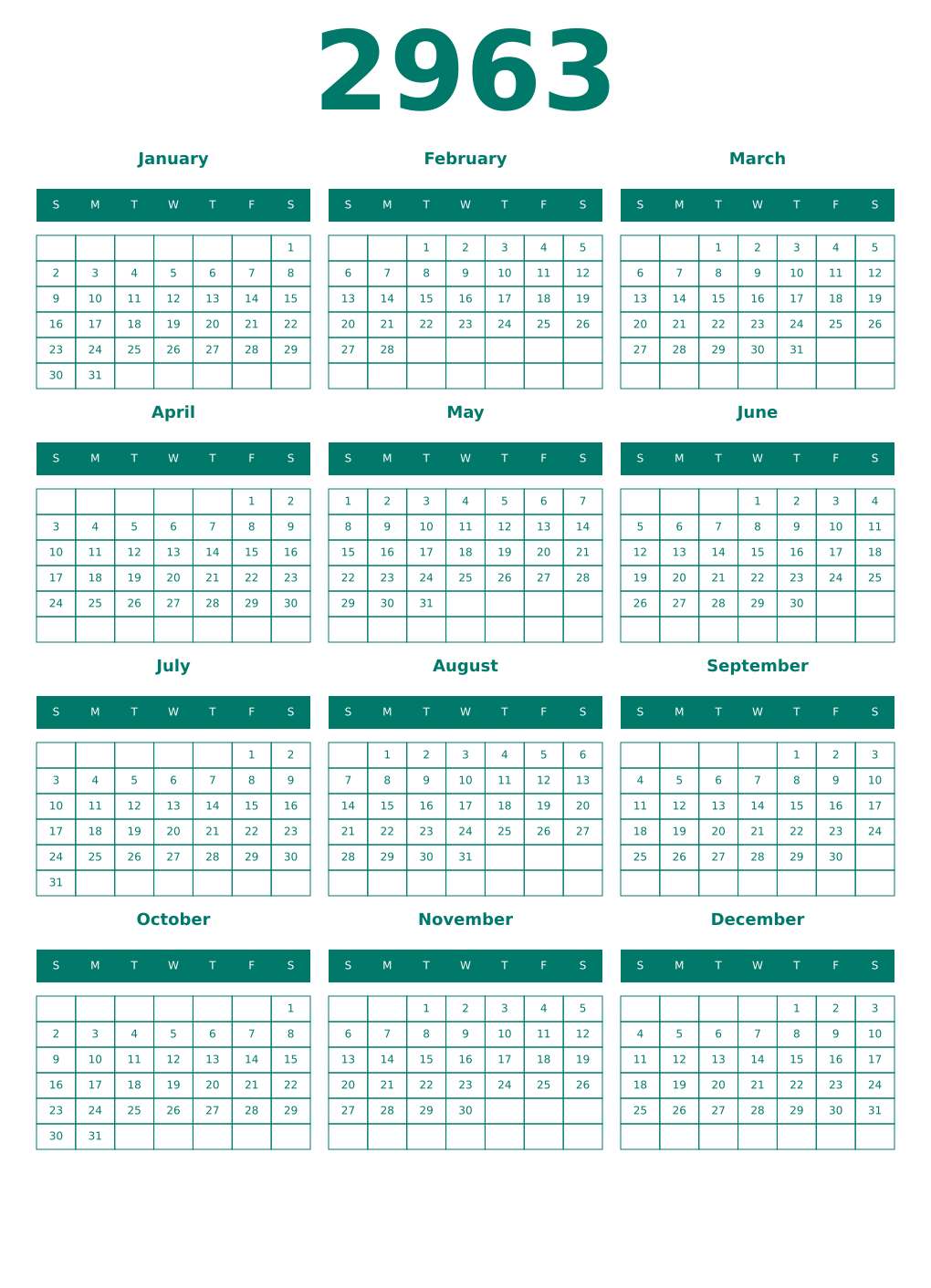 Printable 2963 Year Calendars pastel