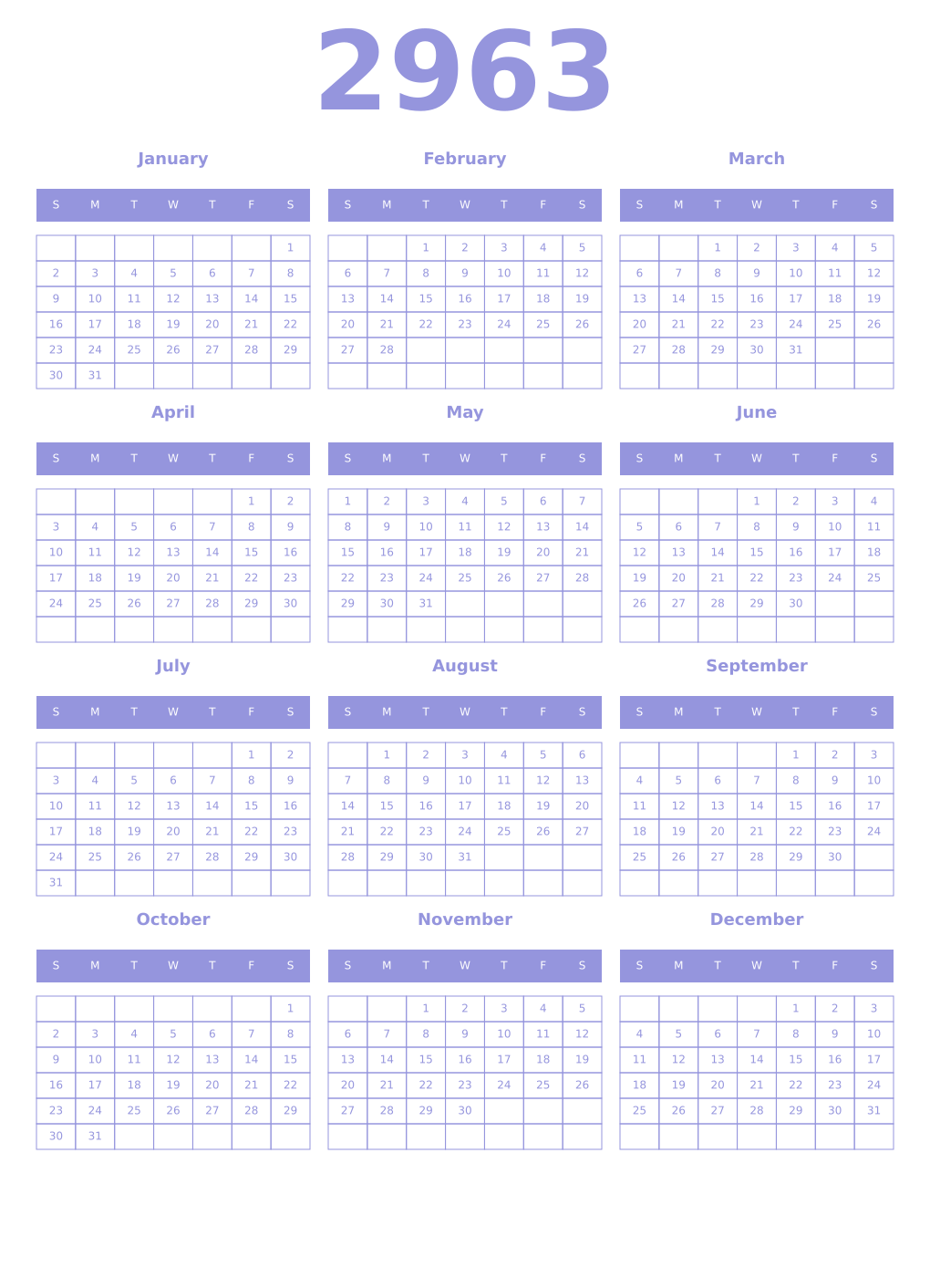 Printable 2963 Year Calendars periwinkle