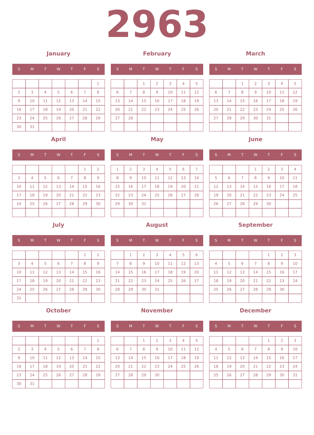 Printable 2963 Year Calendars puce