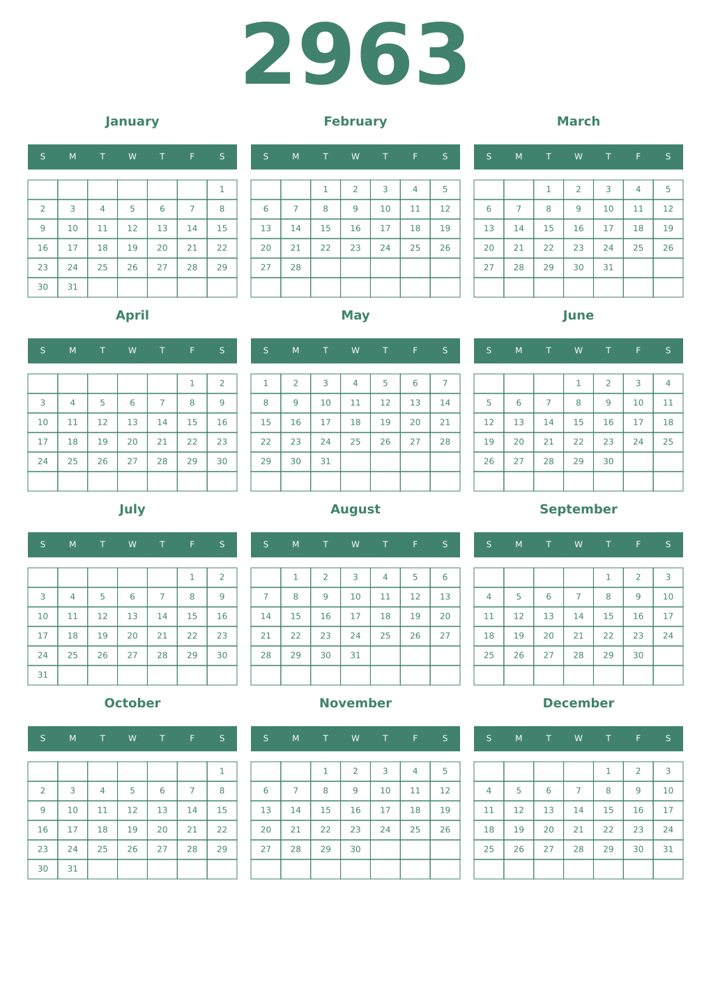 Printable 2963 Year Calendars viridian