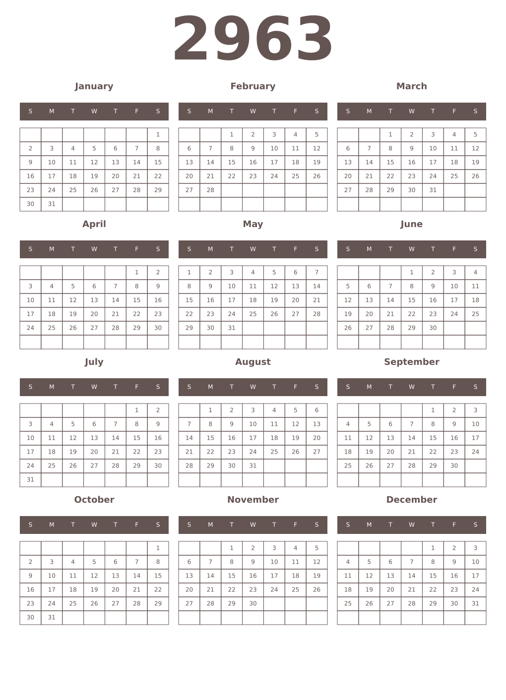 Printable 2963 Year Calendars wenge