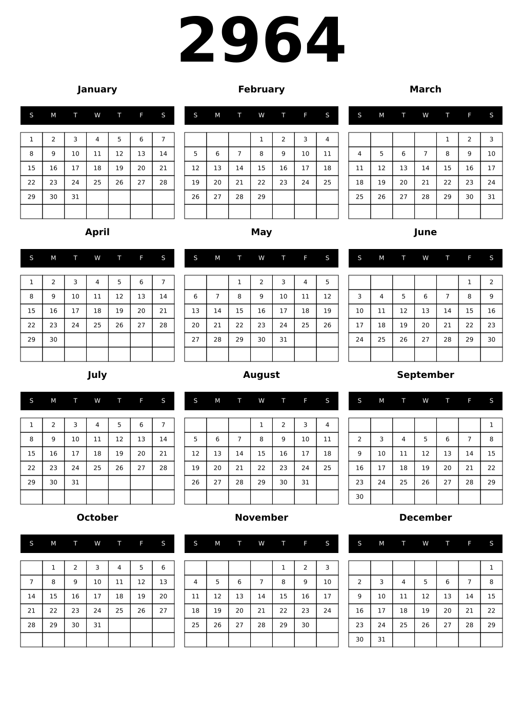 Printable 2964 Year Calendars black