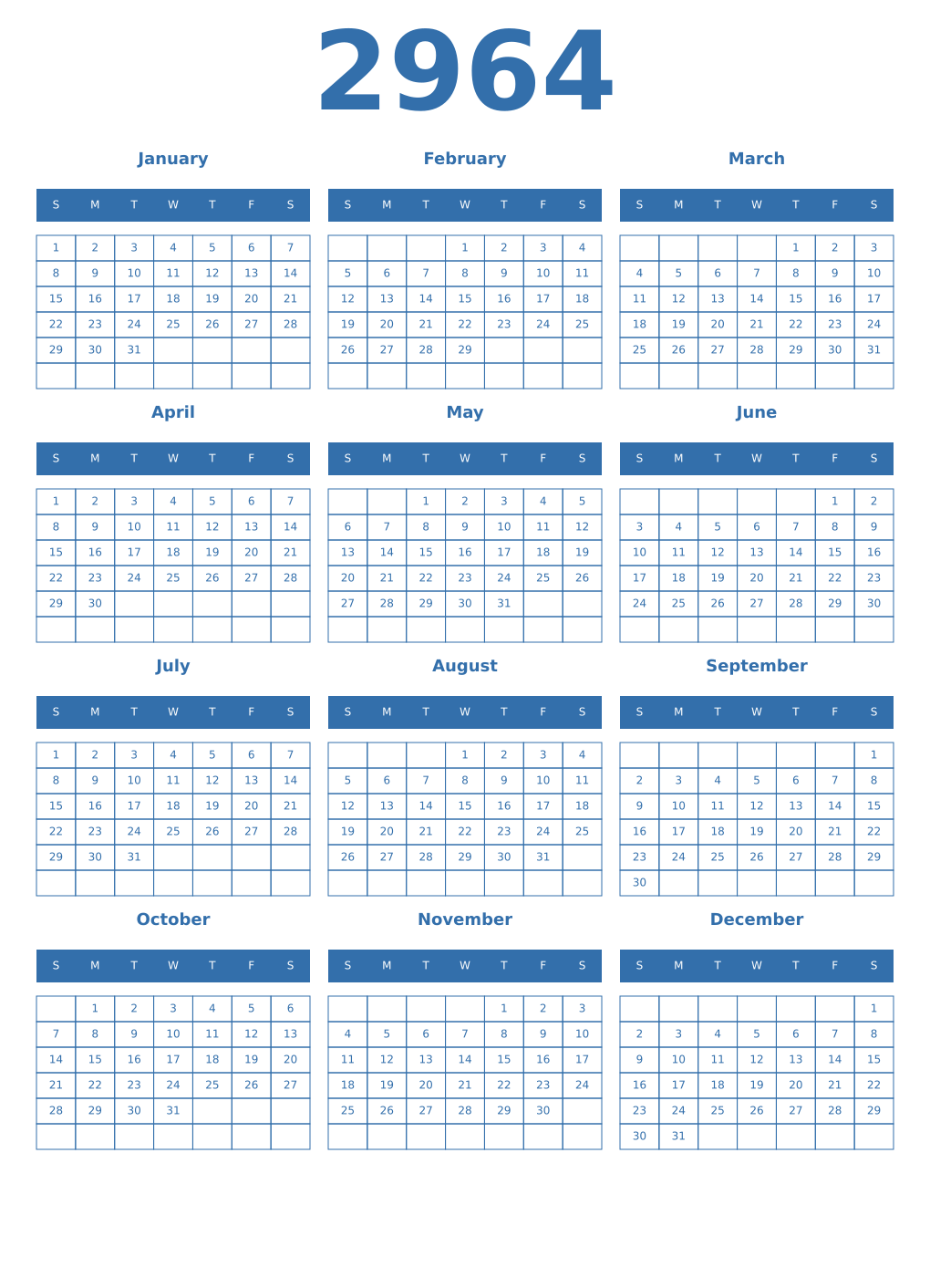 Printable 2964 Year Calendars blue