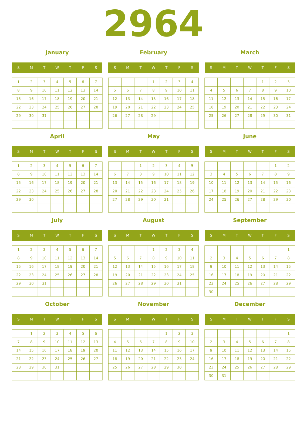 Printable 2964 Year Calendars chartreuse