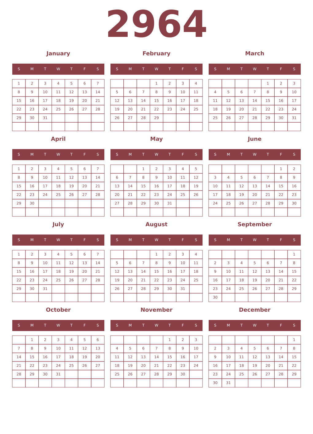 Printable 2964 Year Calendars cordovan