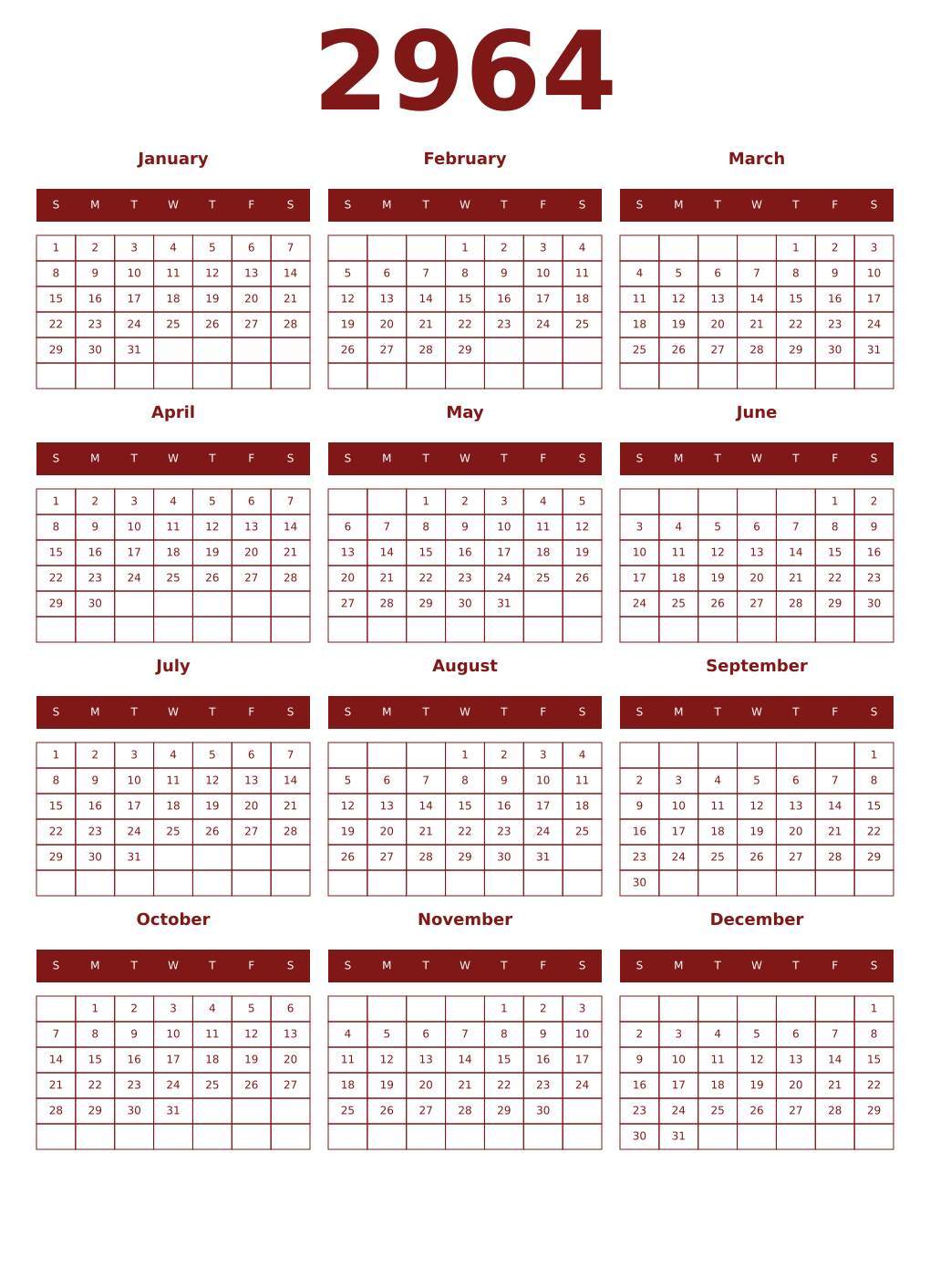 Printable 2964 Year Calendars falu