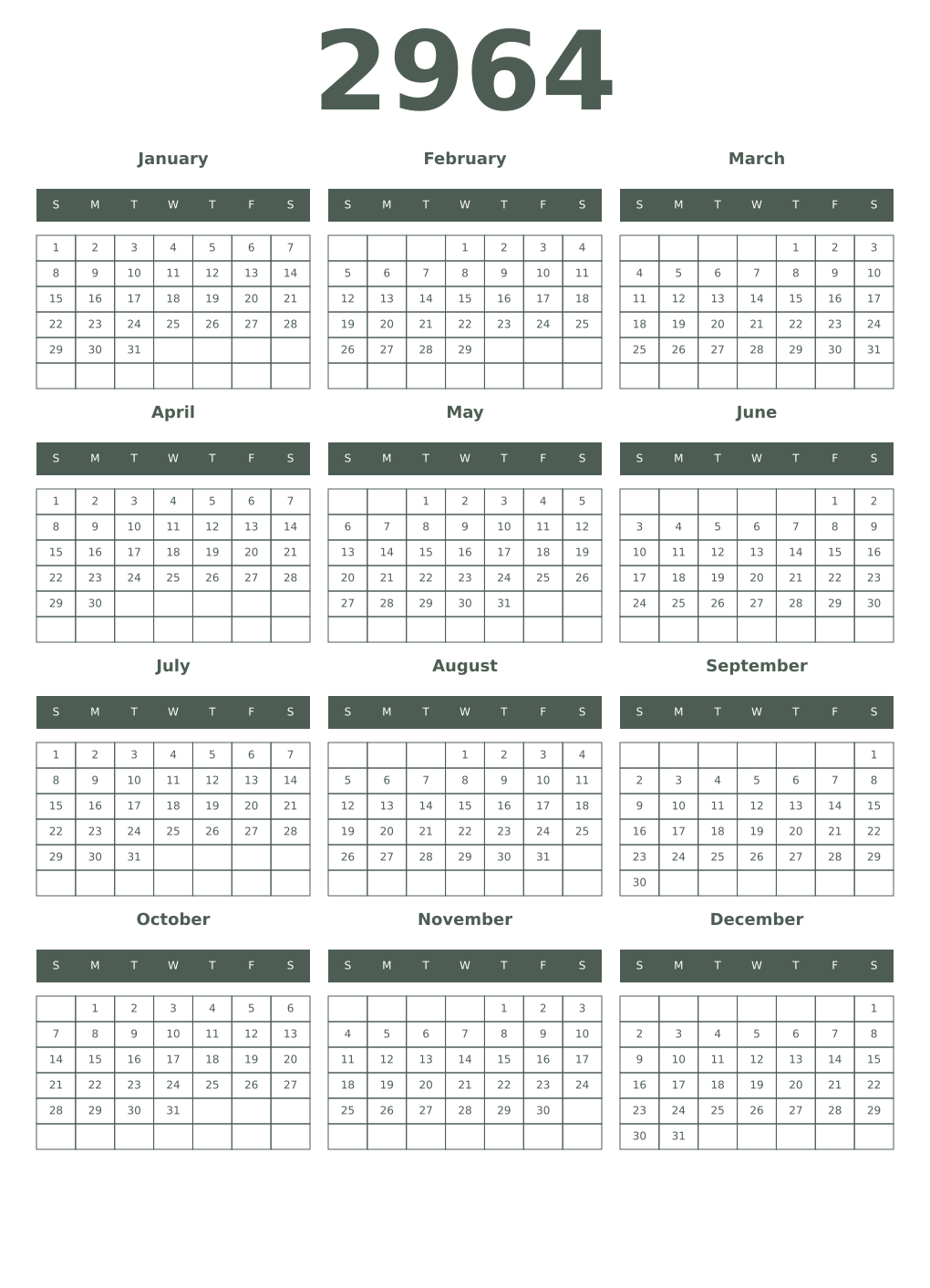 Printable 2964 Year Calendars feldgrau