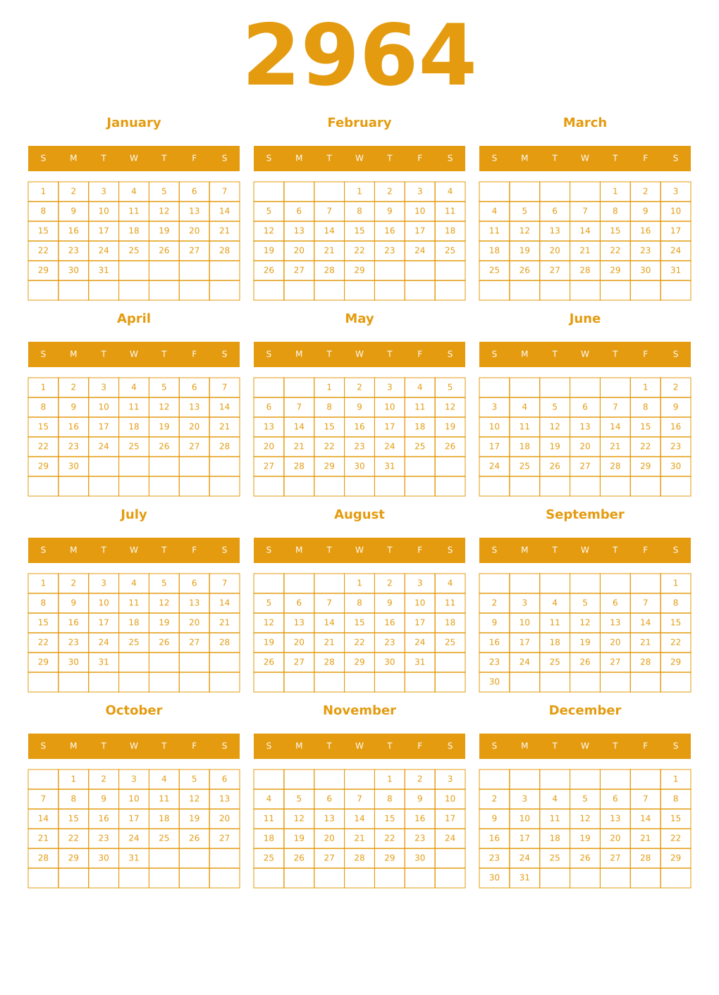 Printable 2964 Year Calendars gamboge