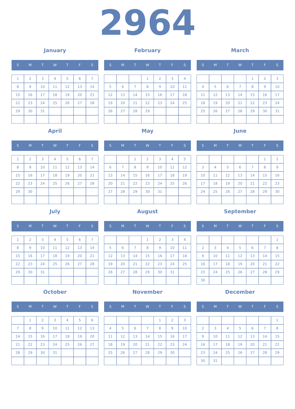 Printable 2964 Year Calendars glaucous