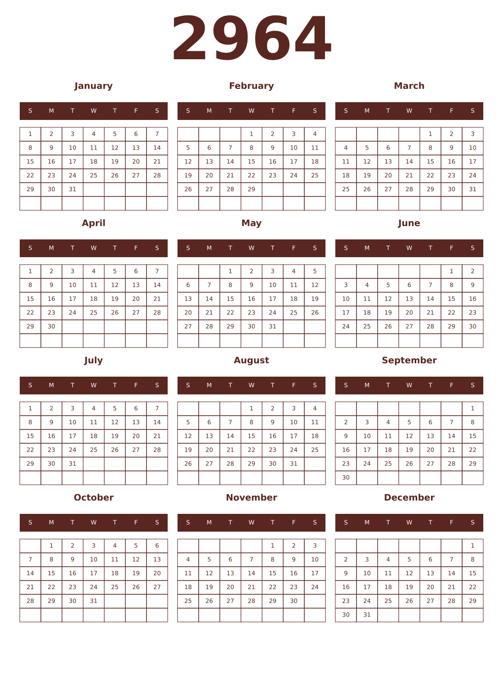 Printable 2964 Year Calendars mortuum
