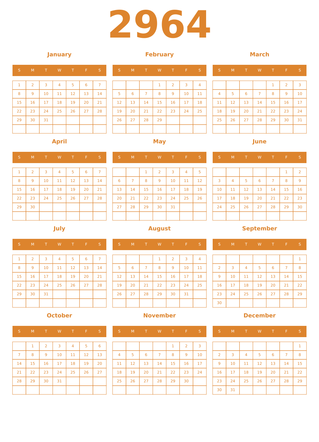 Printable 2964 Year Calendars orange