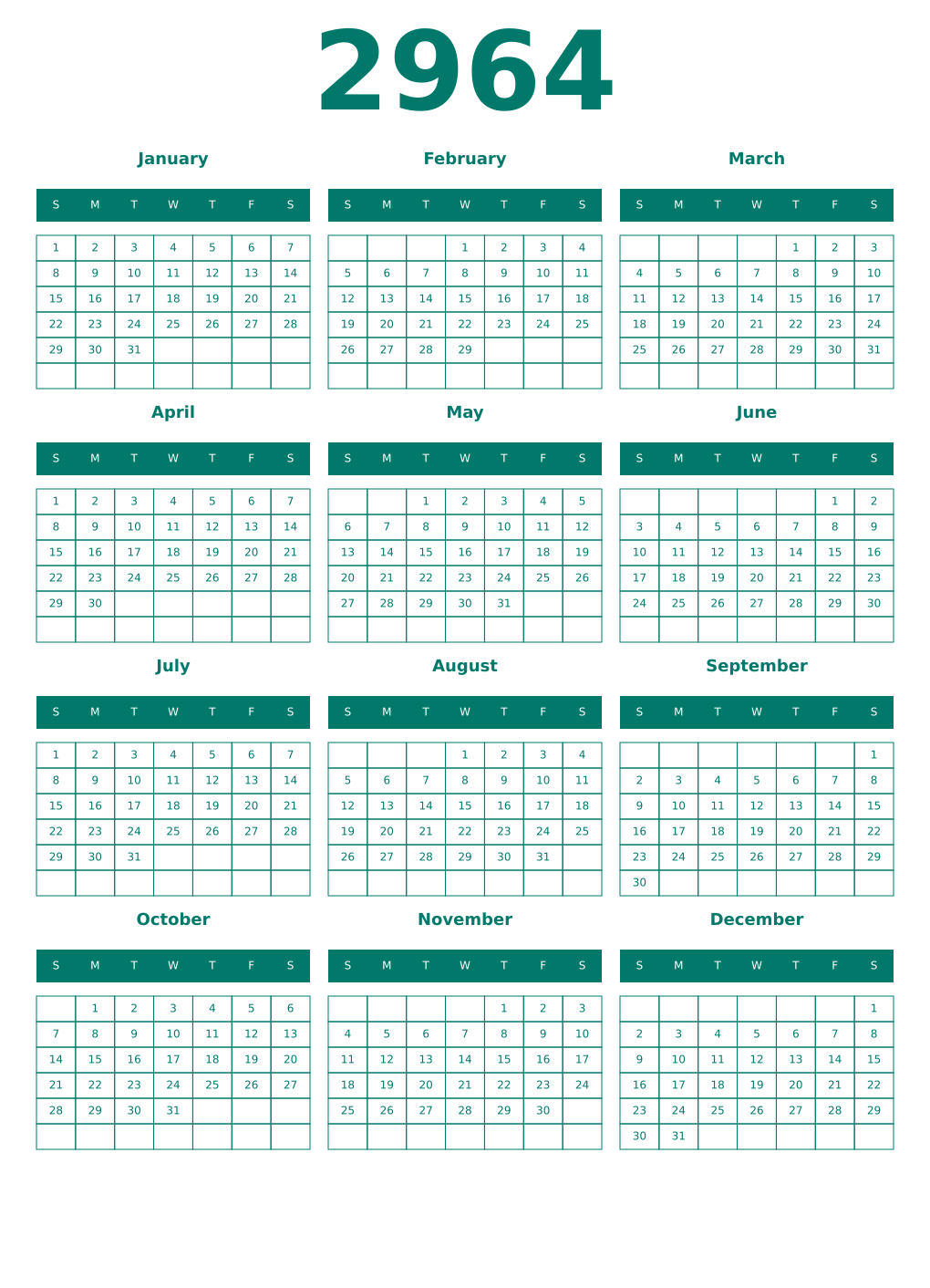 Printable 2964 Year Calendars pastel