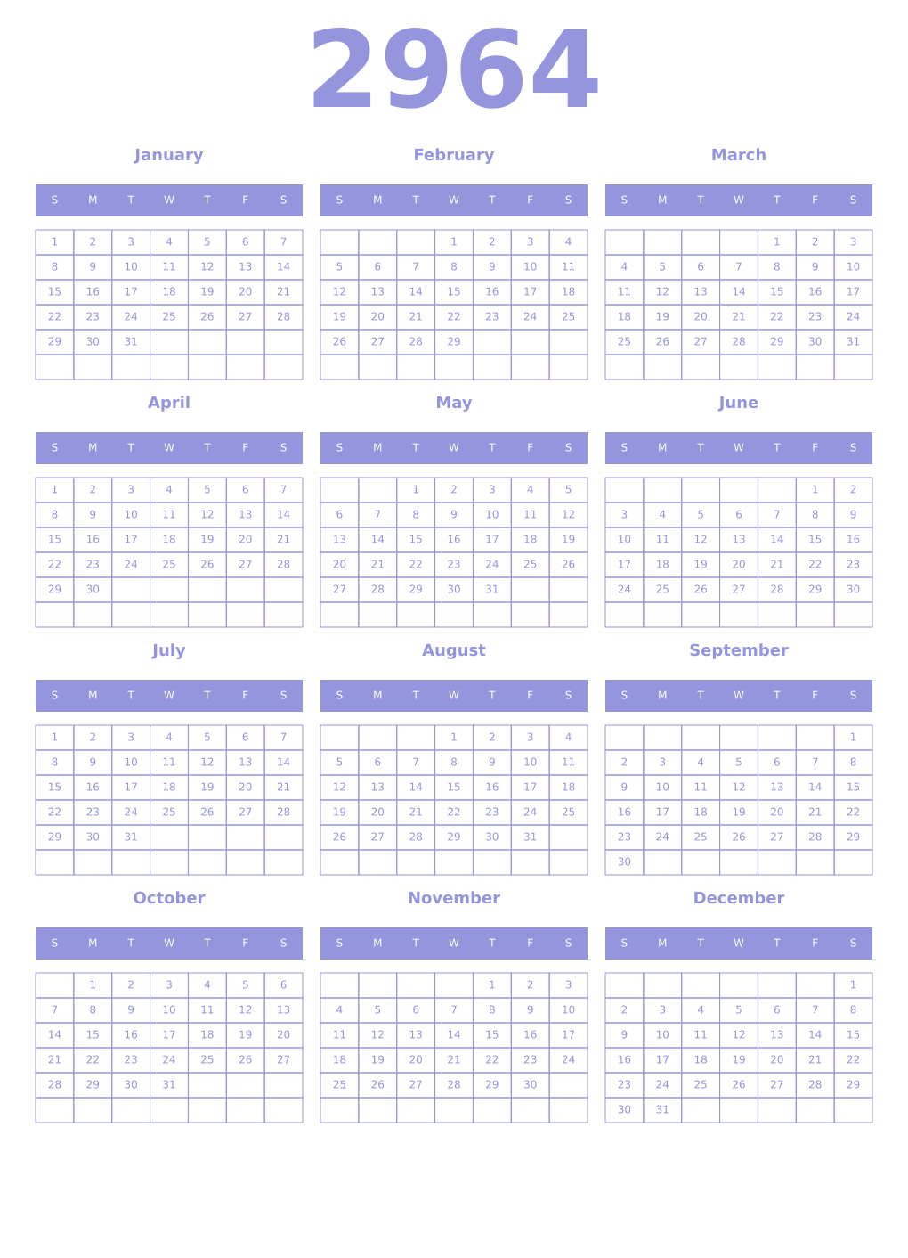Printable 2964 Year Calendars periwinkle