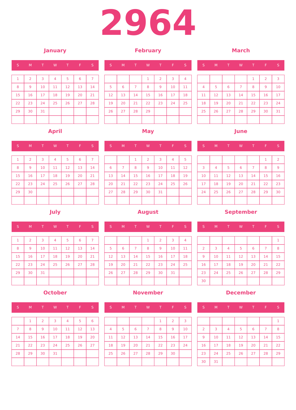 Printable 2964 Year Calendars pink