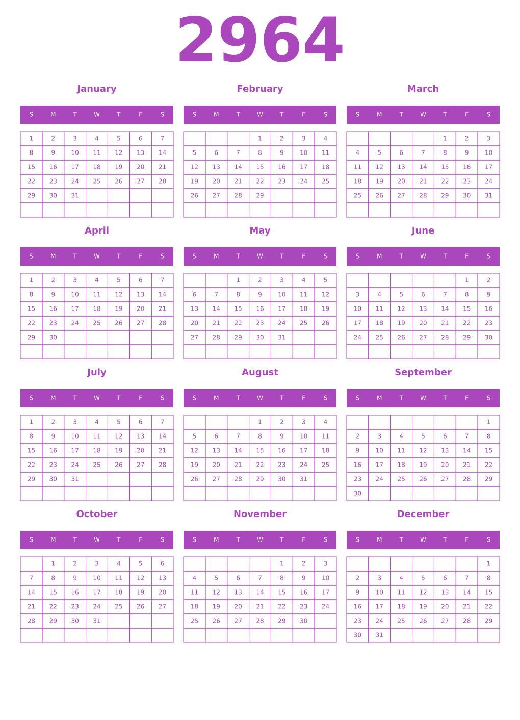 Printable 2964 Year Calendars purple