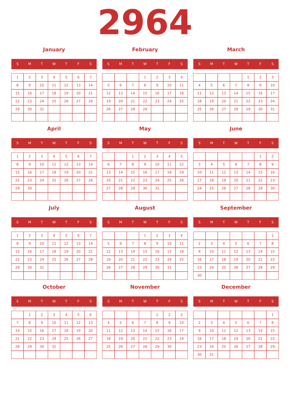 Printable 2964 Year Calendars red