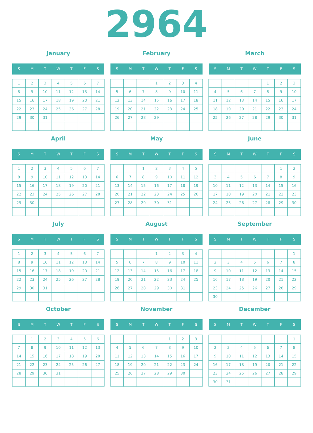 Printable 2964 Year Calendars verdigris