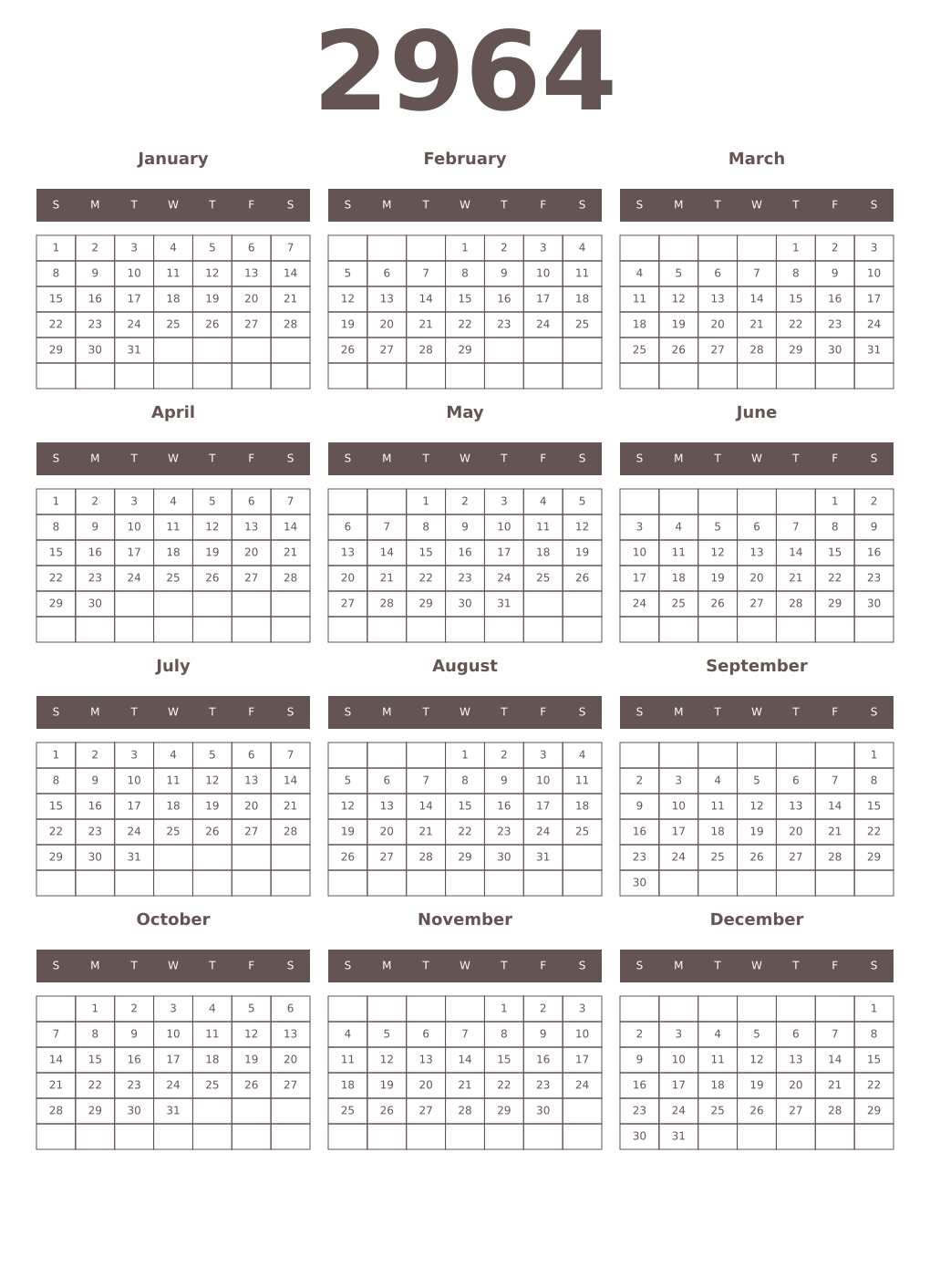 Printable 2964 Year Calendars wenge