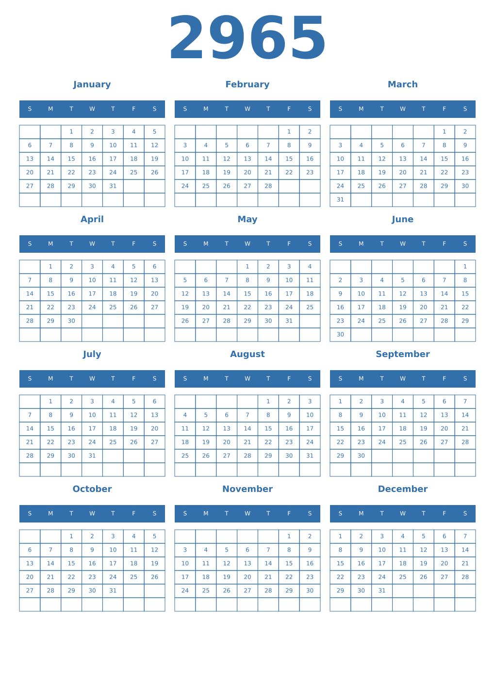 Printable 2965 Year Calendars blue