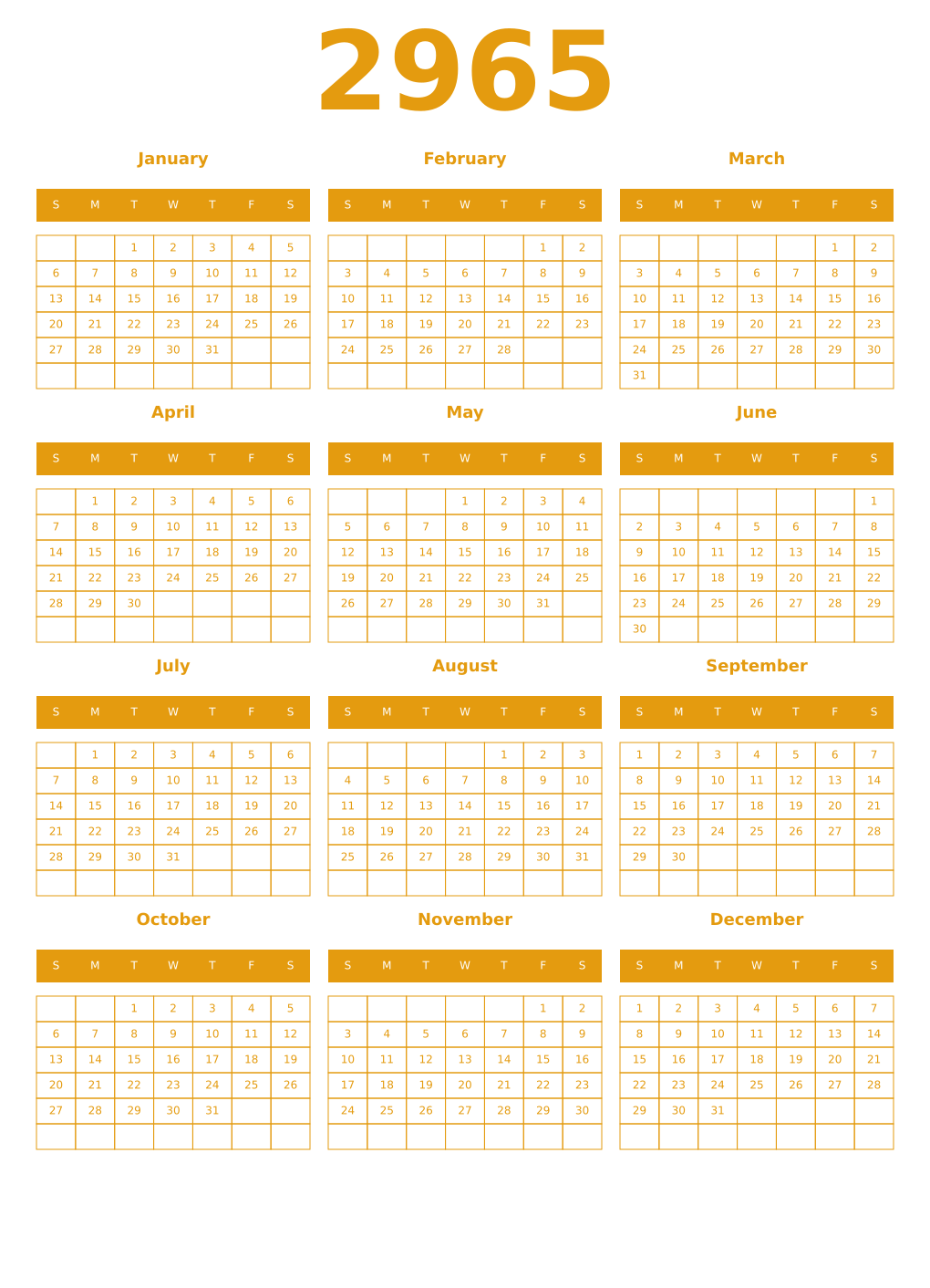 Printable 2965 Year Calendars gamboge