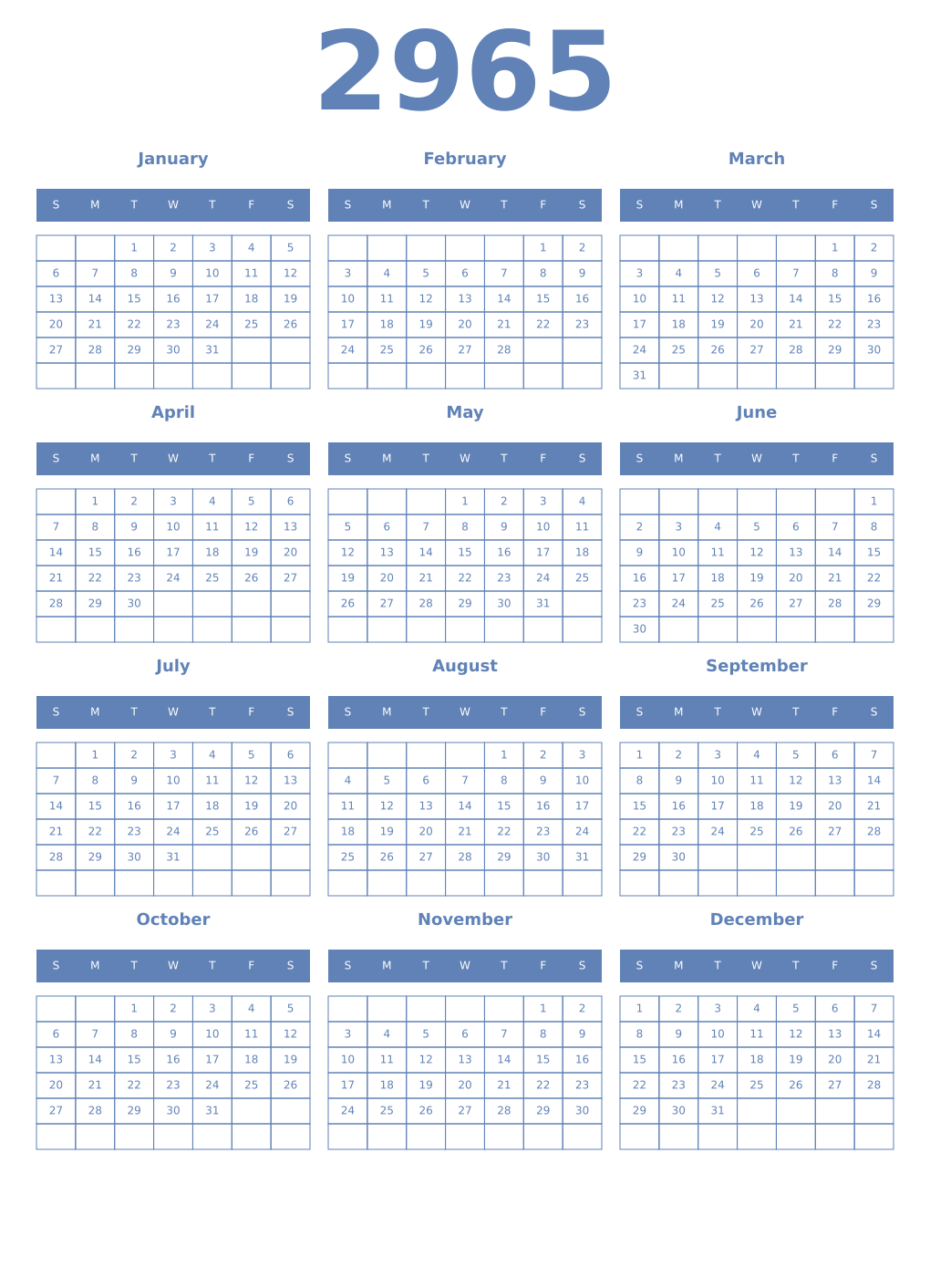 Printable 2965 Year Calendars glaucous
