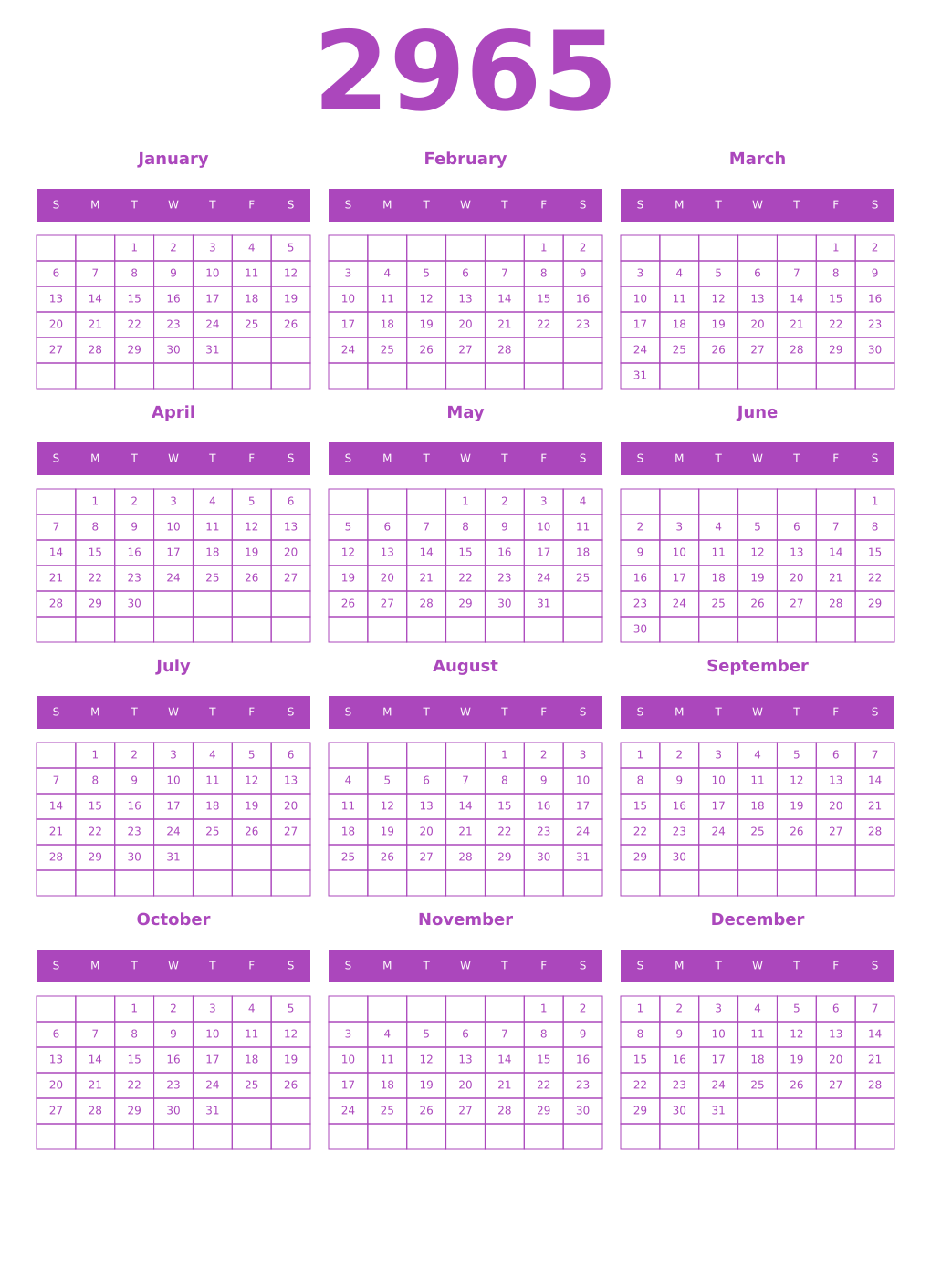 Printable 2965 Year Calendars purple