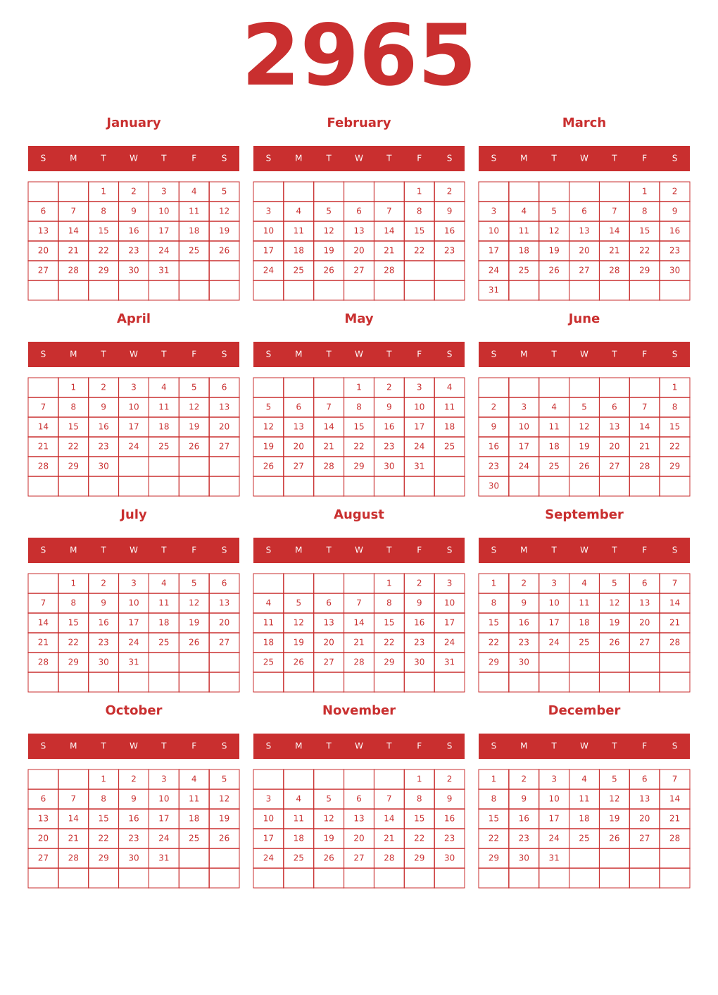 Printable 2965 Year Calendars red