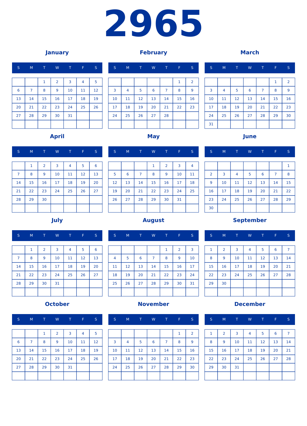 Printable 2965 Year Calendars smalt