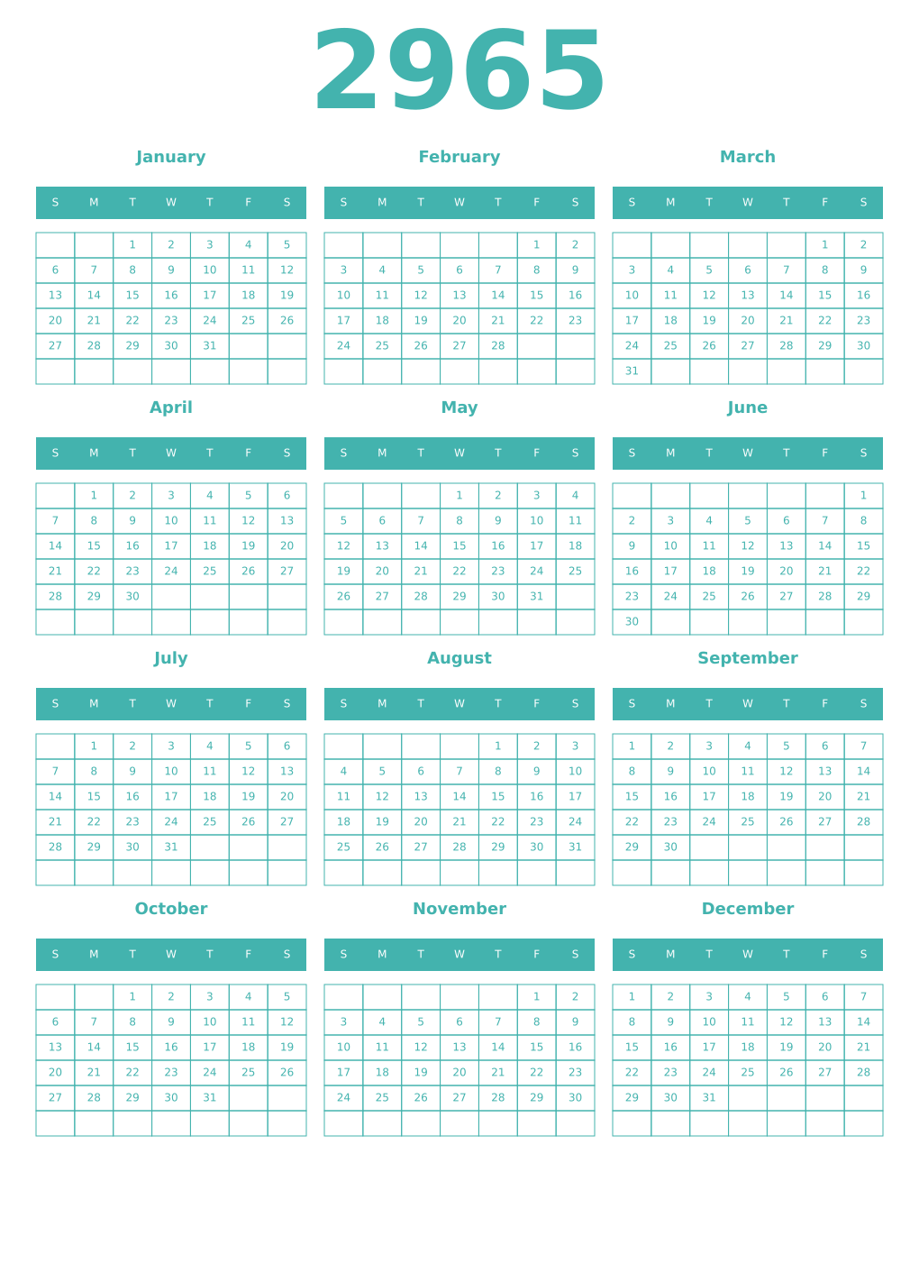 Printable 2965 Year Calendars verdigris