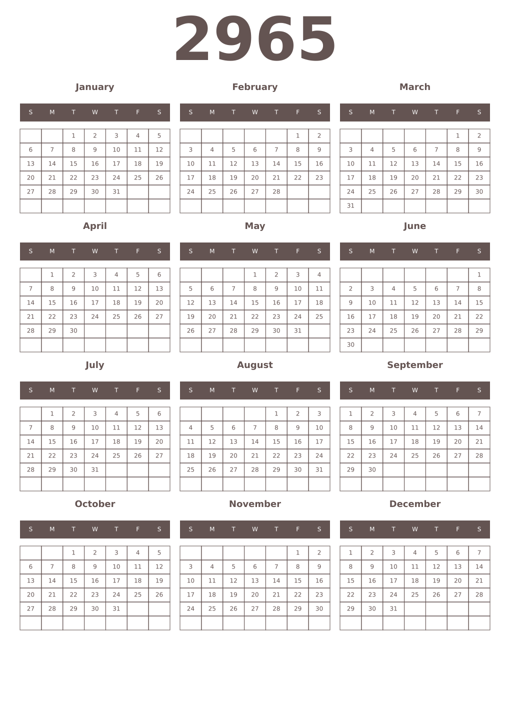 Printable 2965 Year Calendars wenge