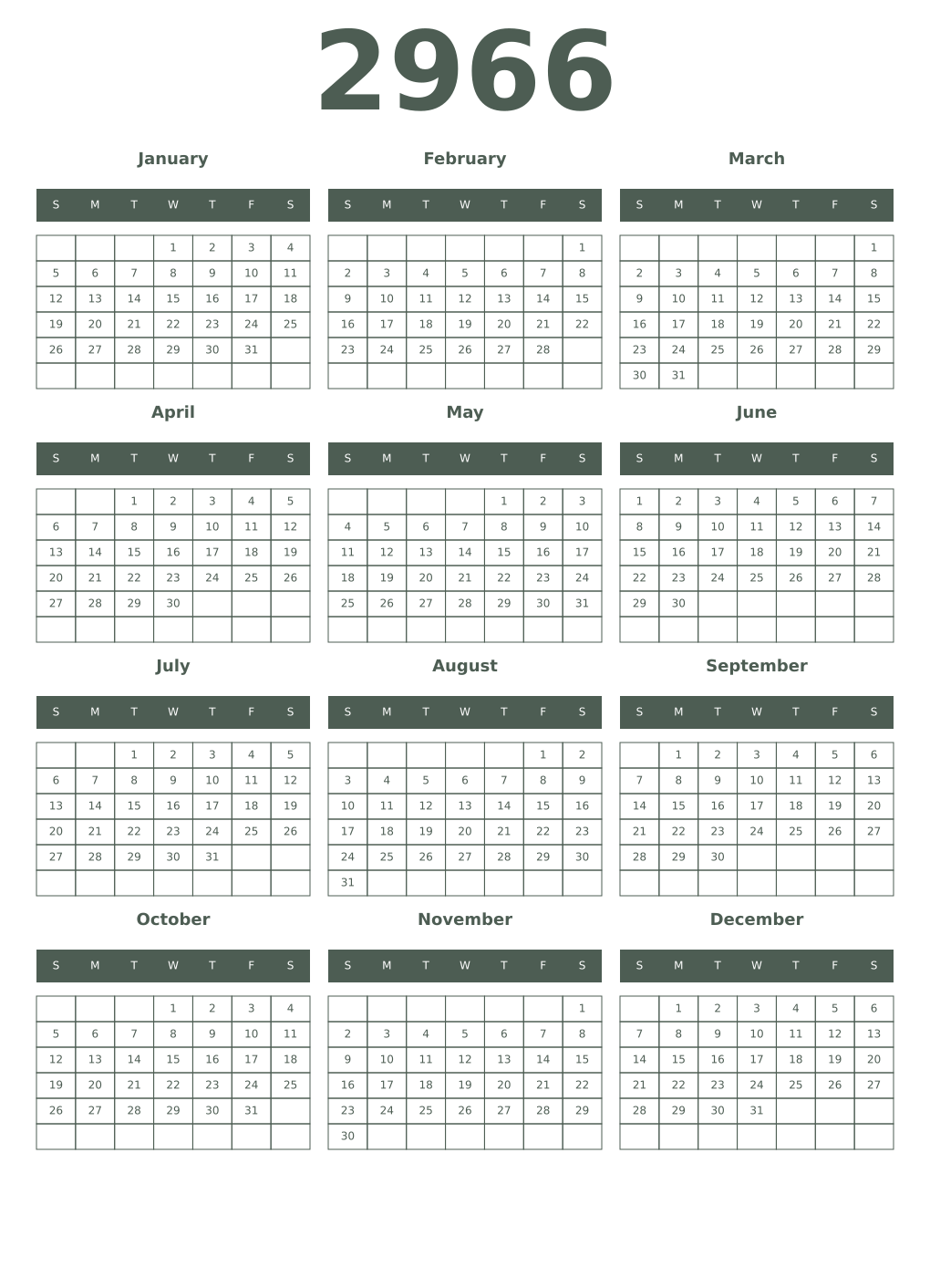 Printable 2966 Year Calendars feldgrau