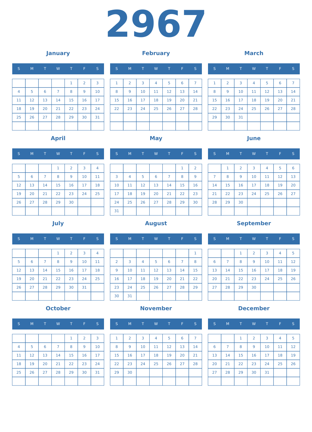 Printable 2967 Year Calendars blue
