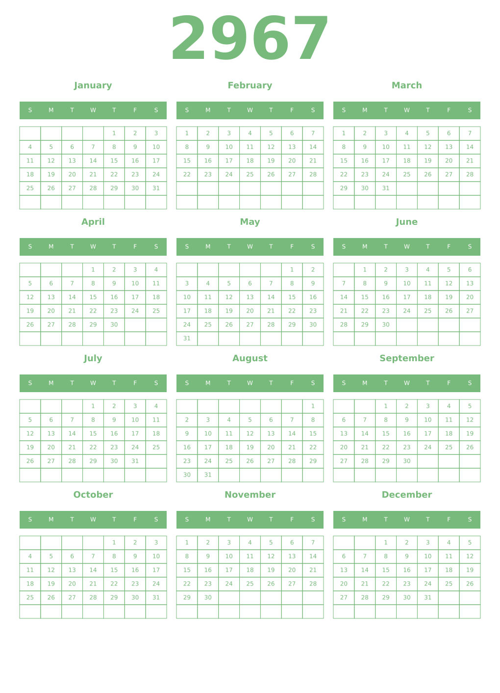 Printable 2967 Year Calendars celadon