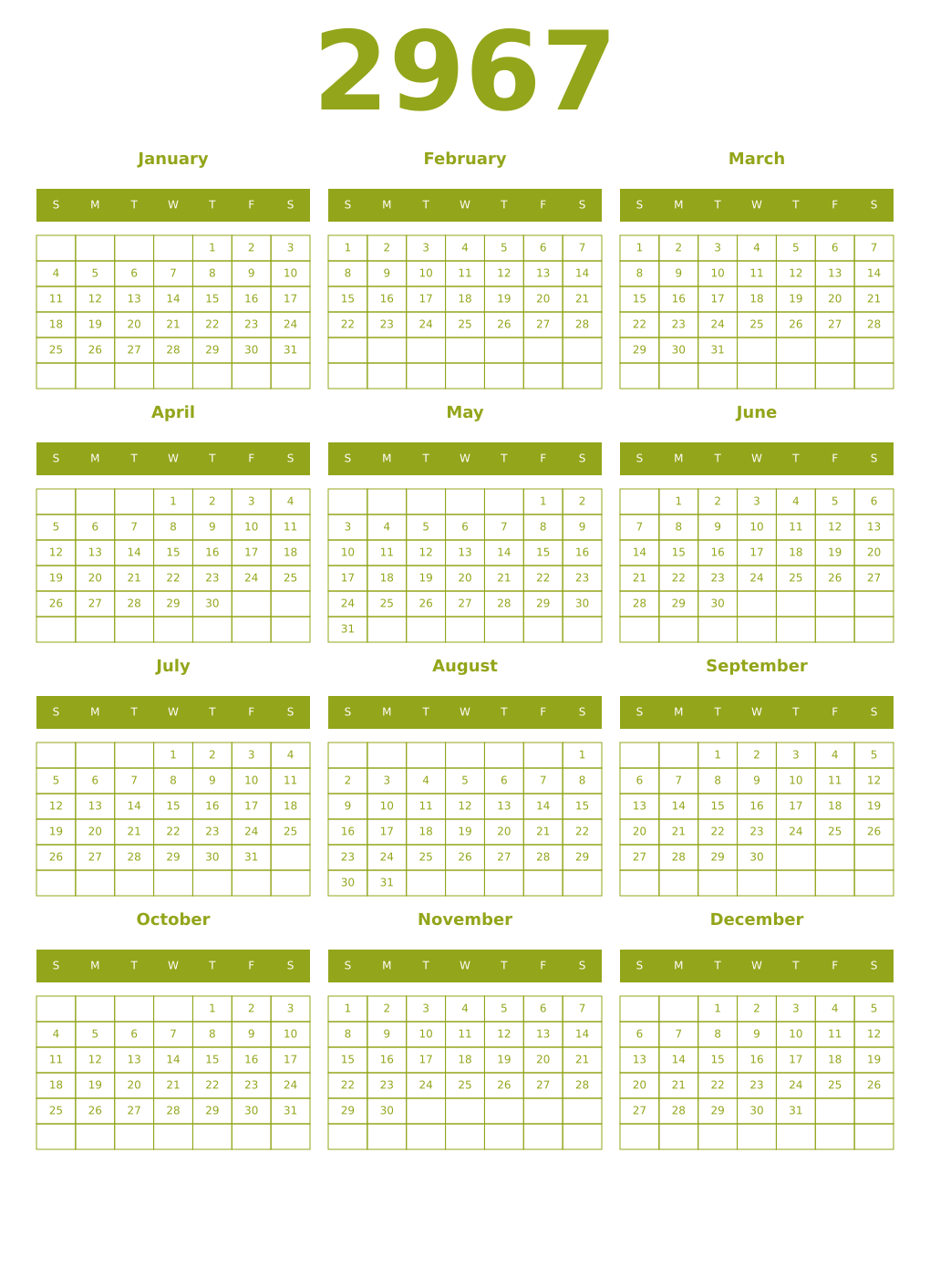 Printable 2967 Year Calendars chartreuse