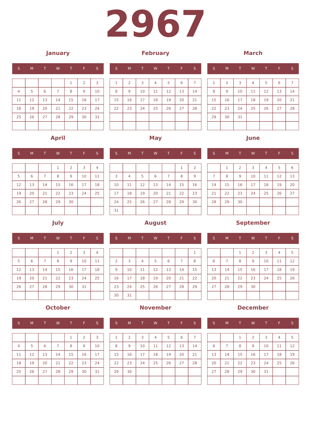Printable 2967 Year Calendars cordovan