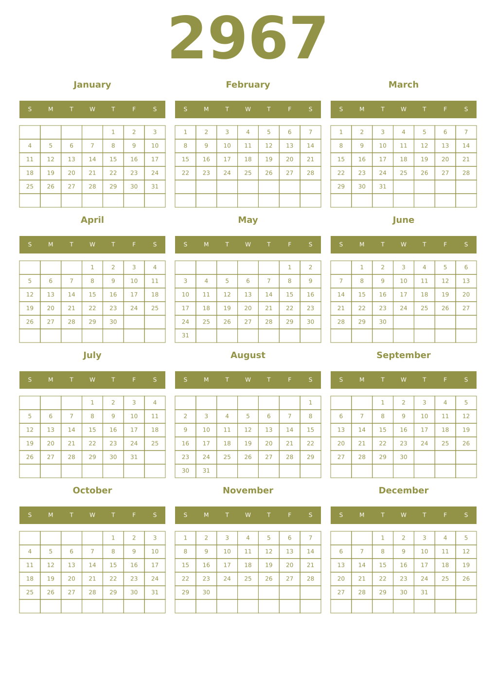 Printable 2967 Year Calendars eburnean