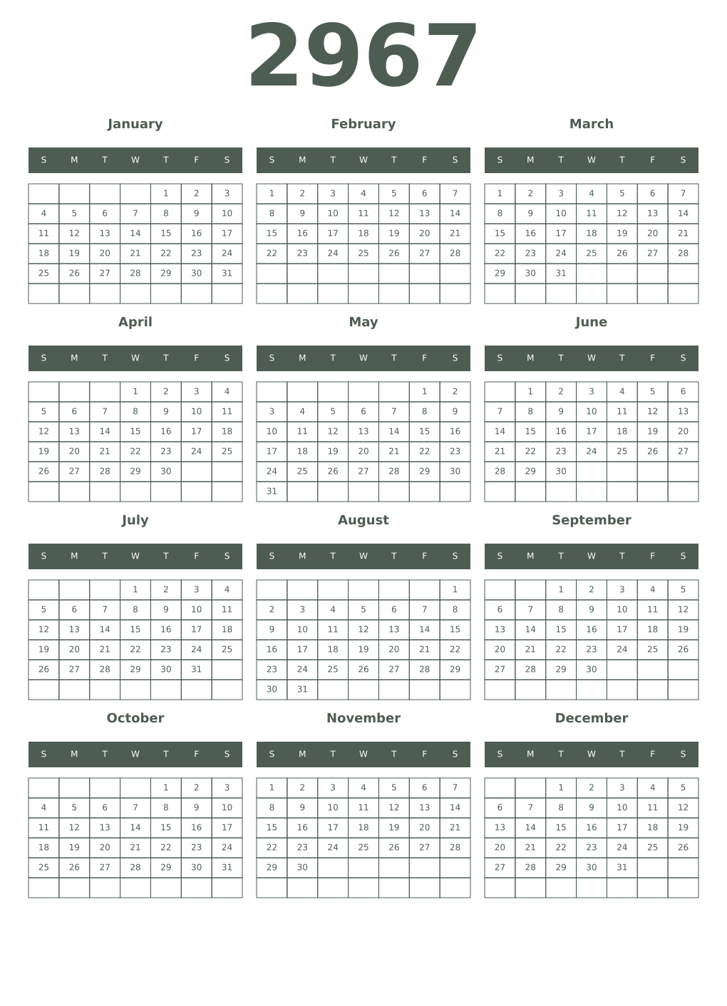 Printable 2967 Year Calendars feldgrau