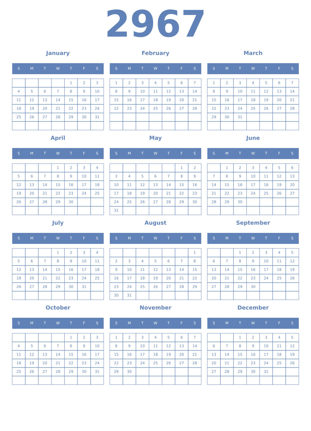 Printable 2967 Year Calendars glaucous