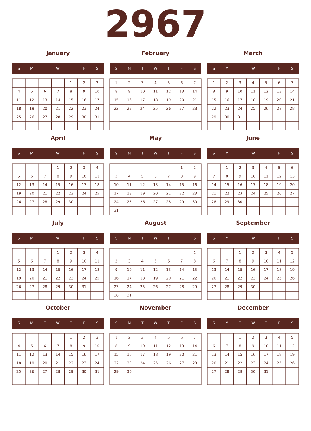 Printable 2967 Year Calendars mortuum