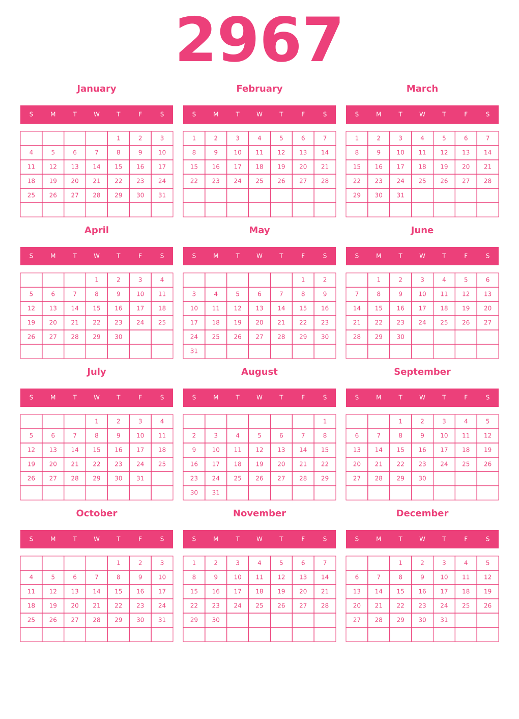 Printable 2967 Year Calendars pink