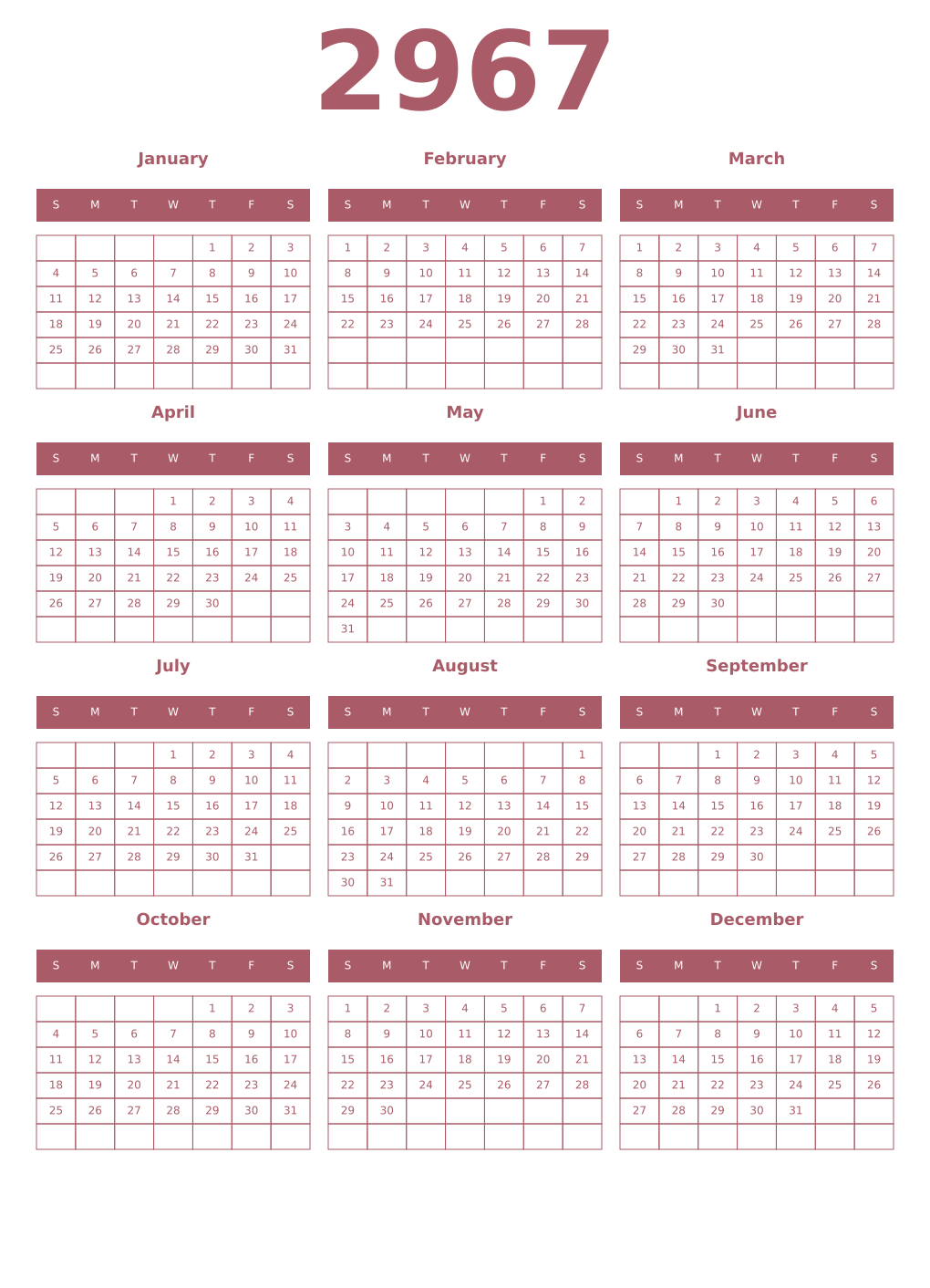 Printable 2967 Year Calendars puce