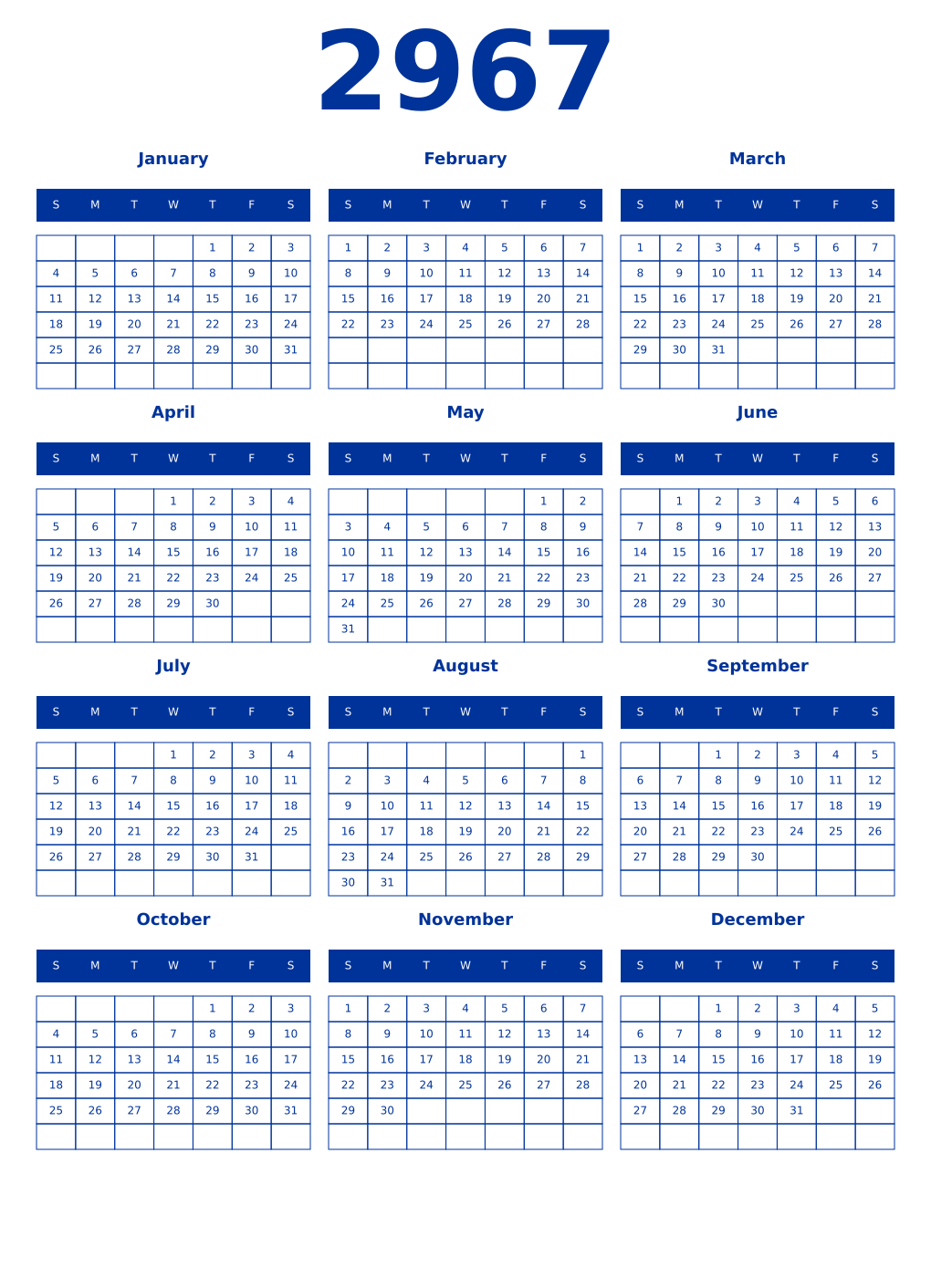 Printable 2967 Year Calendars smalt