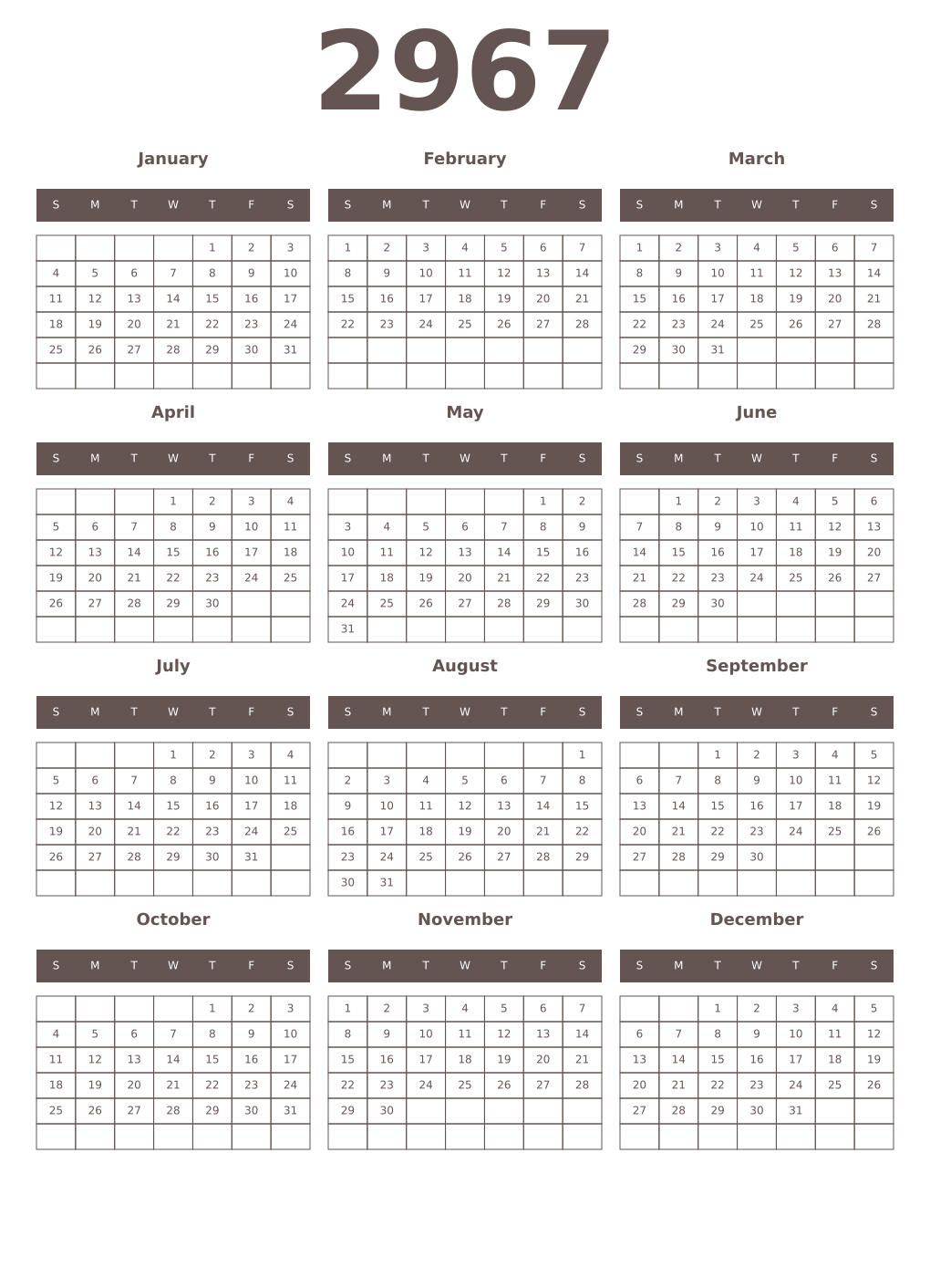 Printable 2967 Year Calendars wenge